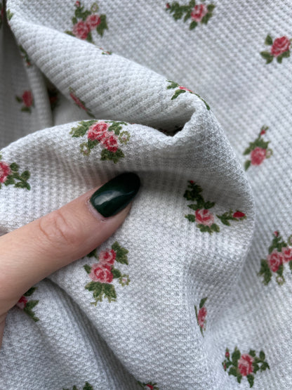 Grey Pink Rose Floral Print Rayon Cotton Polyester Thermal Knit " Underground Blooms"