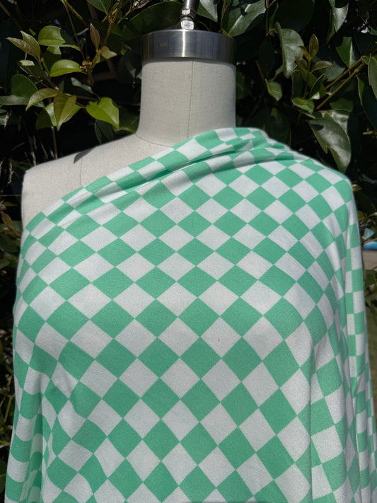 Mint Green White Checker Plaid Polyester Spandex "Pistachio Picnic"