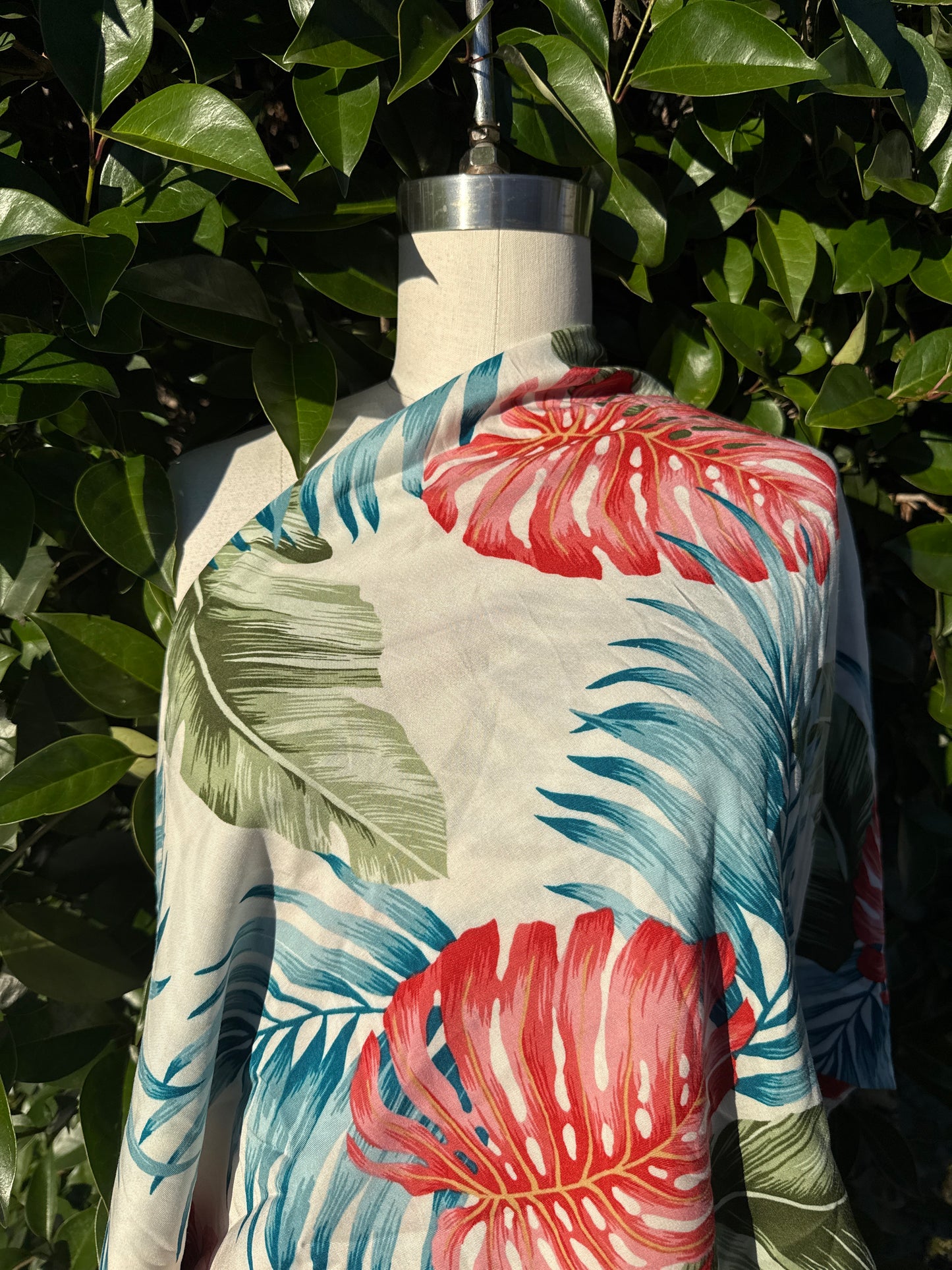 Ivory Pink Teal Green Palm Tropical Print Soft Rayon Challis "Lovers Palm"