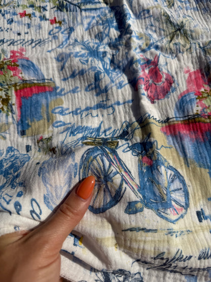 White Blue Pink Bicycle Print Double Cotton Gauze Woven "Daisy Bell"