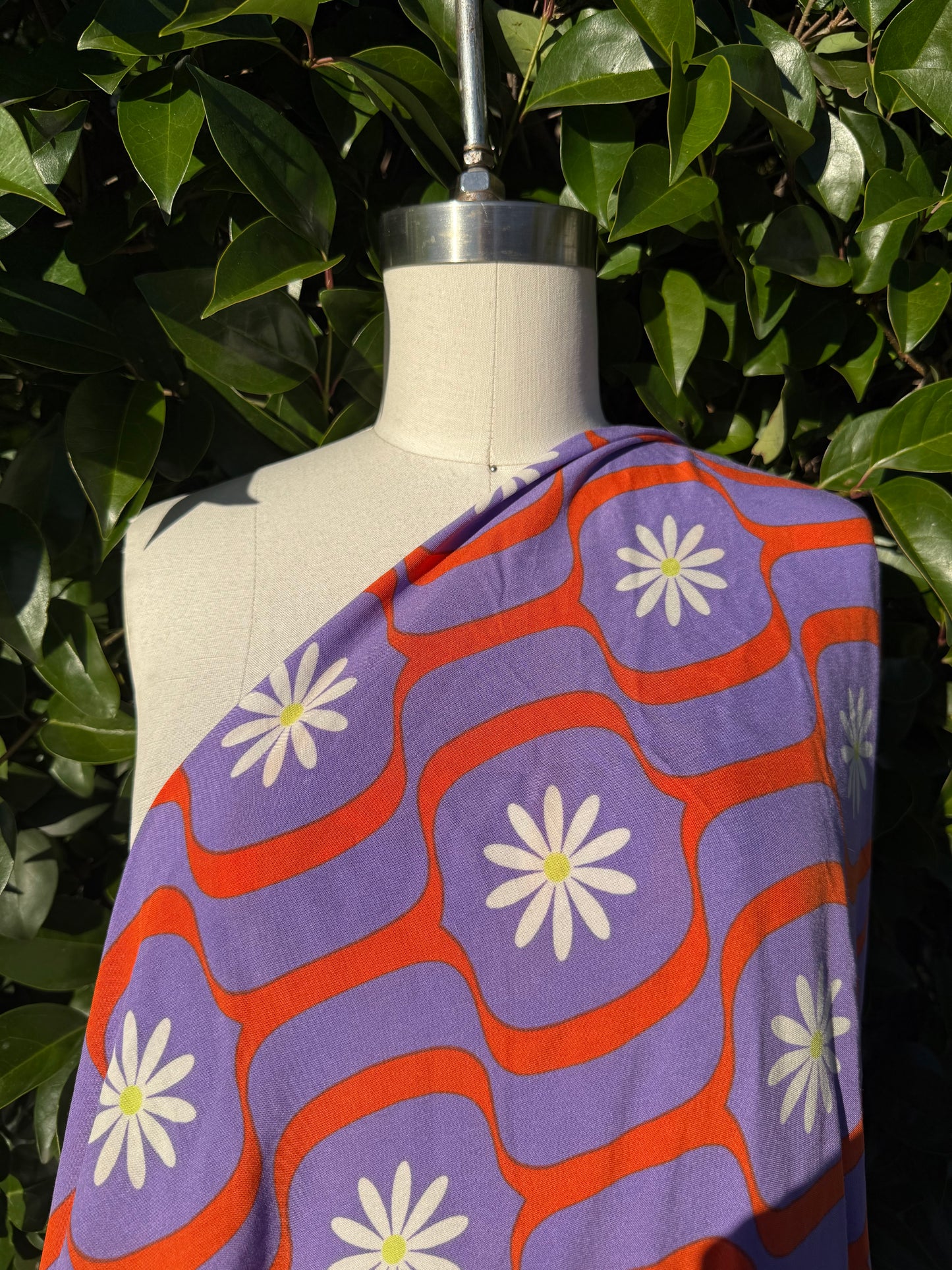 Purple Orange White Daisy Retro Rayon Challis Woven “Daisy Show”