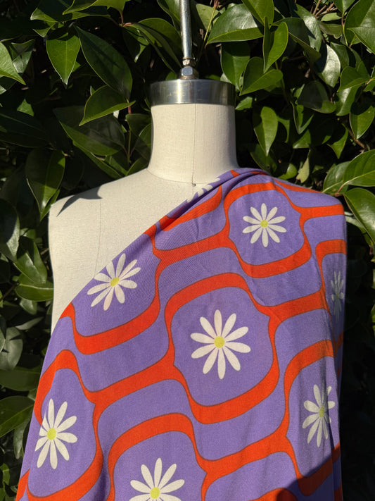 Purple Orange White Daisy Retro Rayon Challis Woven “Daisy Show”