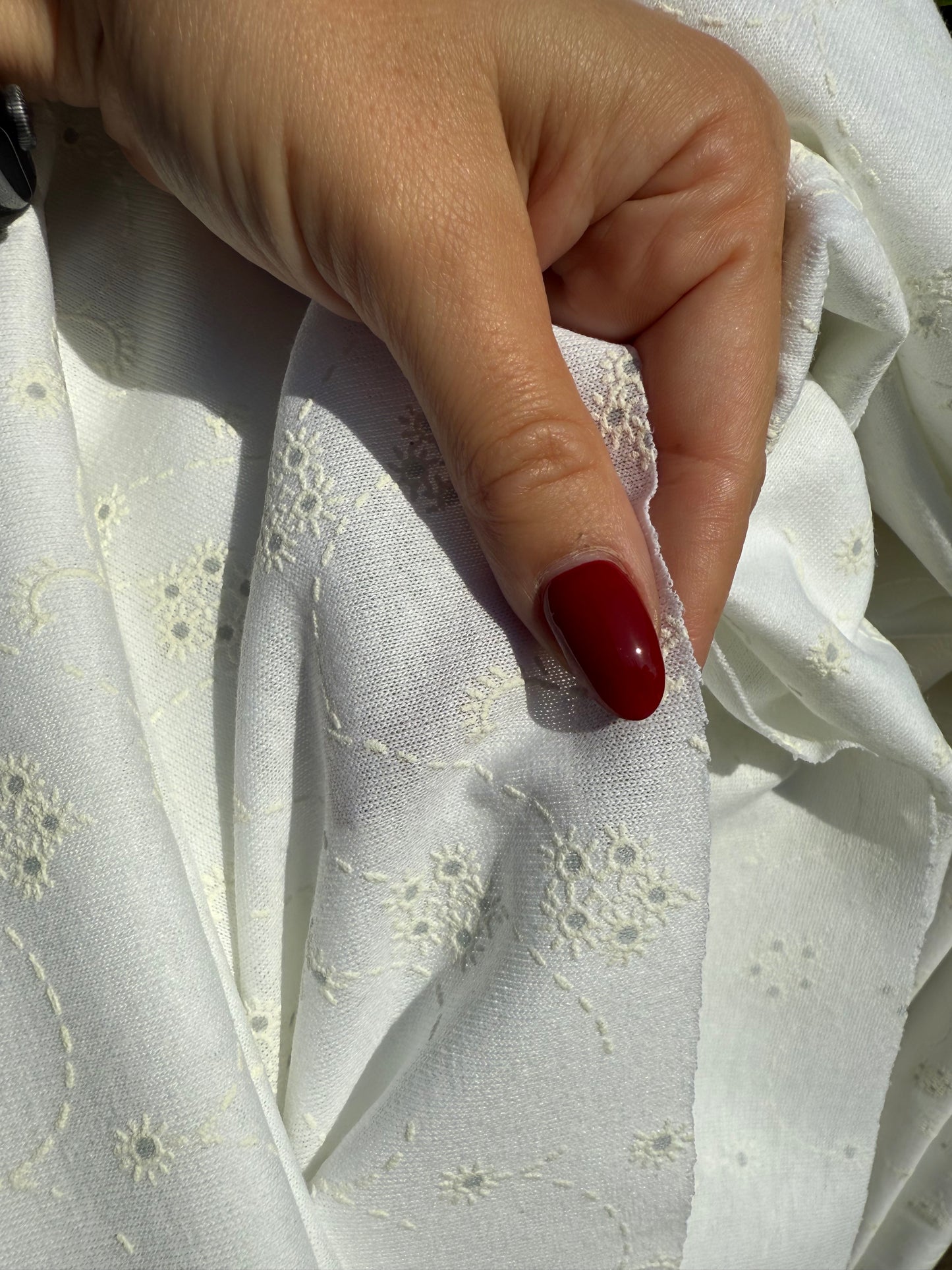 White Printed Embroidered Eyelet Design Vintage Cotton Jersey "Puff Petals"