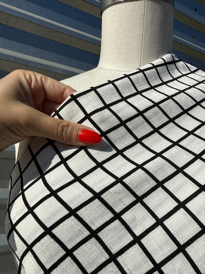White Black Grid Square Print Rayon Crepe Woven "Plotting Grid"