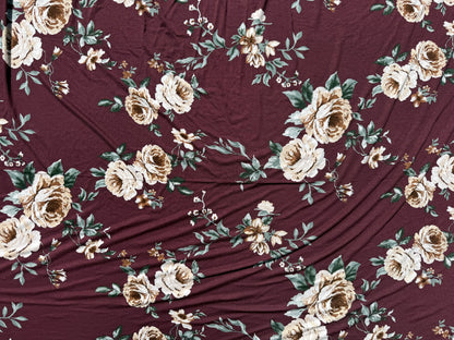 Burgundy Ivory Rose Floral Rayon Spandex Jersey Knit "Moody Rose"