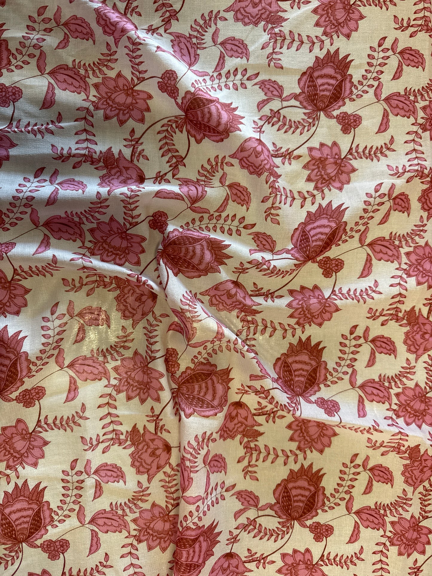 Pink White Floral Paisley Flower Print Cotton Gauze Woven "Sunset in Bali”