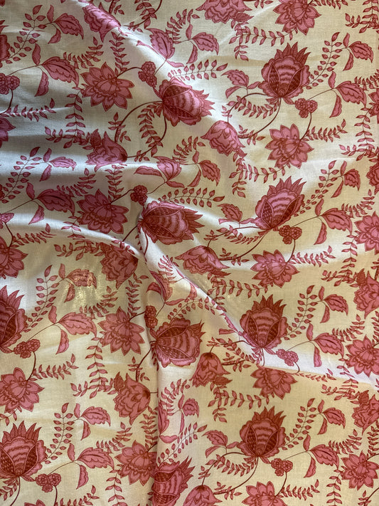 Pink White Floral Paisley Flower Print Cotton Gauze Woven "Sunset in Bali”