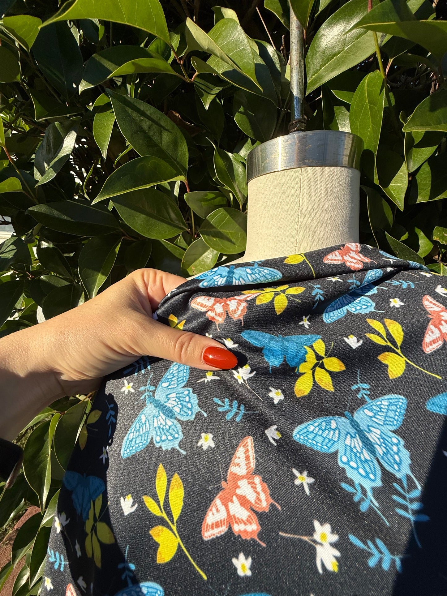 Blue Pink White Yellow Butterfly Floral Print Polyester Spandex Knit "Night Flutters"