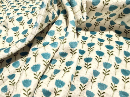 White Blue Floral Ditsy Print Minky Polyester "Tulip Cutie”