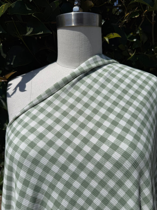 Sage Green White Gingham Plaid 2x1 Rib Polyester Spandex Rib "Sadie's Picnic"