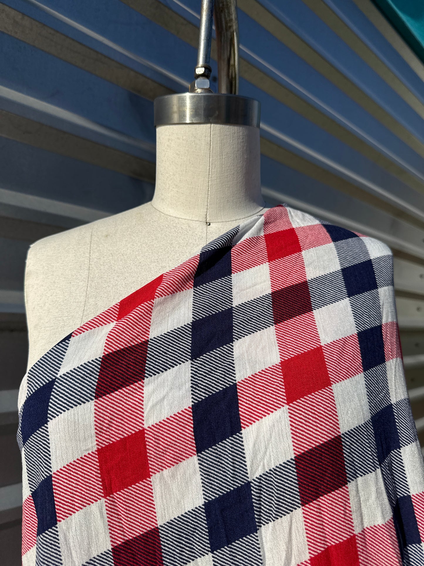 Navy Blue Red White Plaid Soft Rayon Crepe "Rodeo Picnic"
