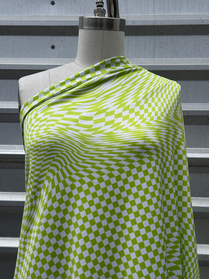 Green White Wavy Checker Print Nylon Spandex Swim Knit "Lime Waves"