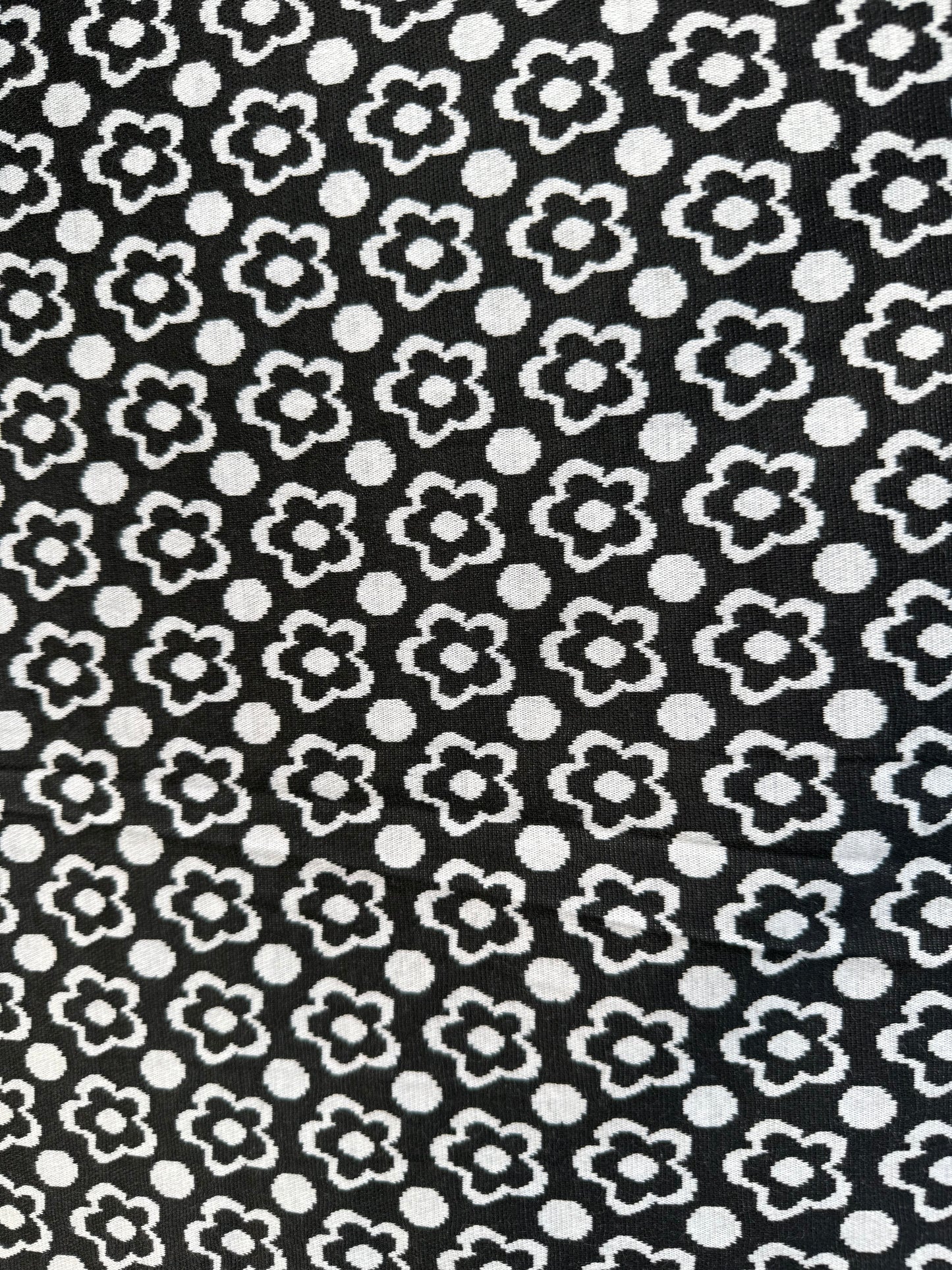 Black White Retro Daisy Dot Print Polyester Spandex Ponte "Night with Oliva"