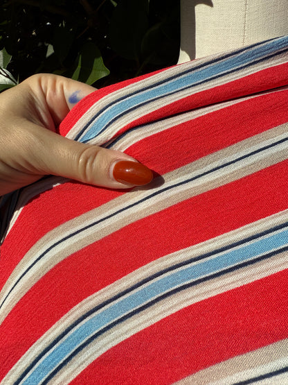 Coral Red Blue Tan Stripe Rayon Crepe Woven "Soda Shop "