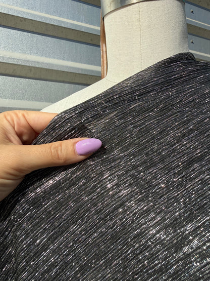 Silver Lurex Pleated Mesh Polyester Spandex Knit "Disco”
