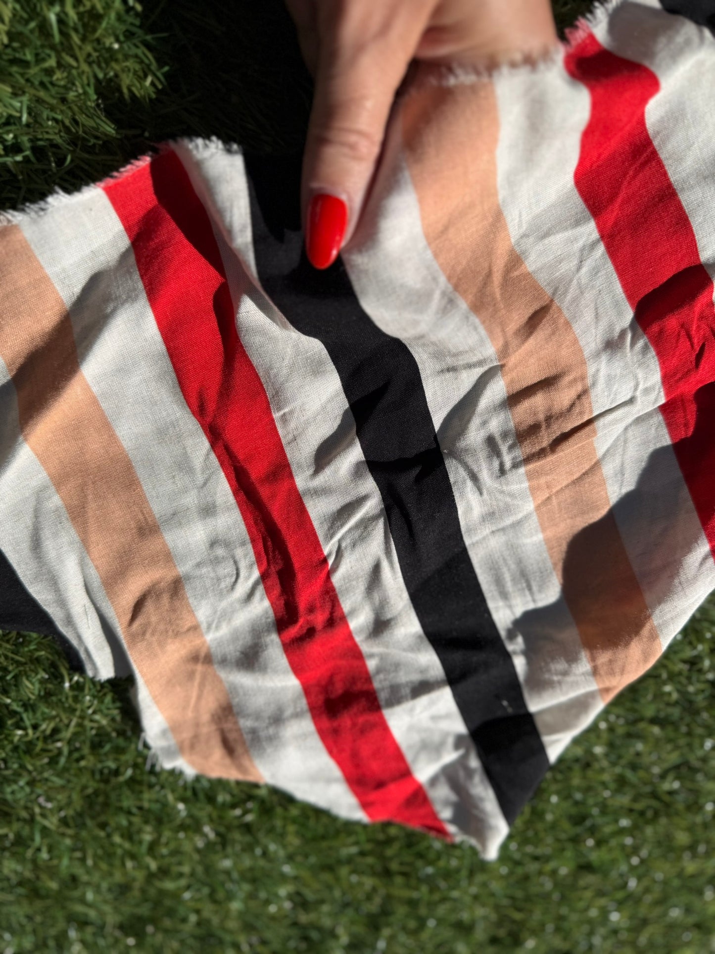 White Red Coral Black Vertical Stripe Rayon Challis Woven "Coral Chic"