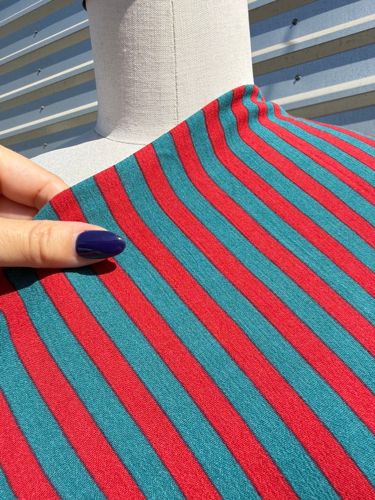 Red Teal Stripe Print Rayon Crepe Woven "Berlin"