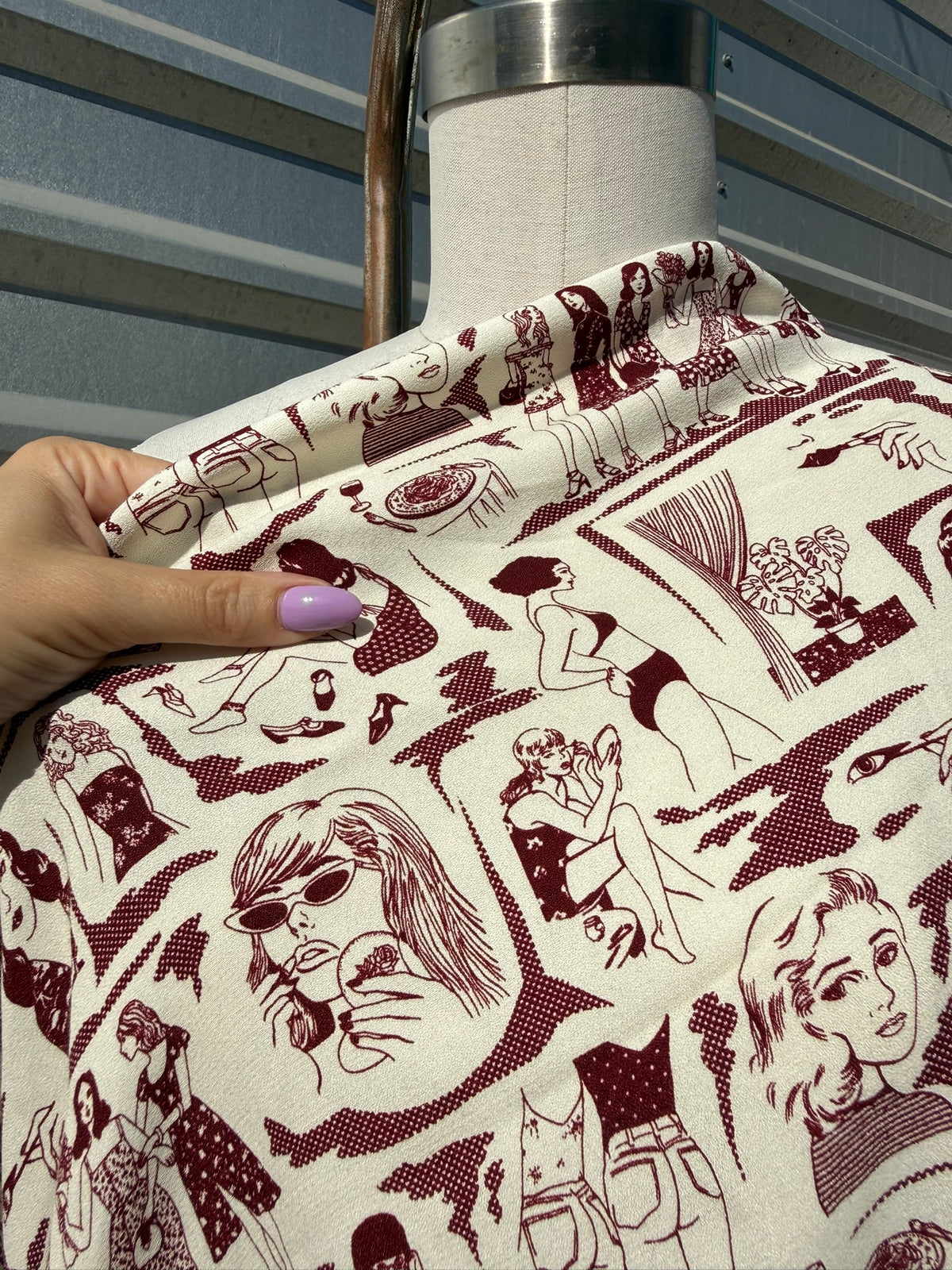 Ivory Burgundy Graphic Women Character Rayon Crepe Woven "Cool Chicks"