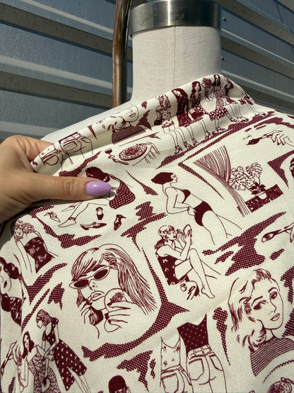 Ivory Burgundy Graphic Women Character Rayon Crepe Woven "Cool Chicks"