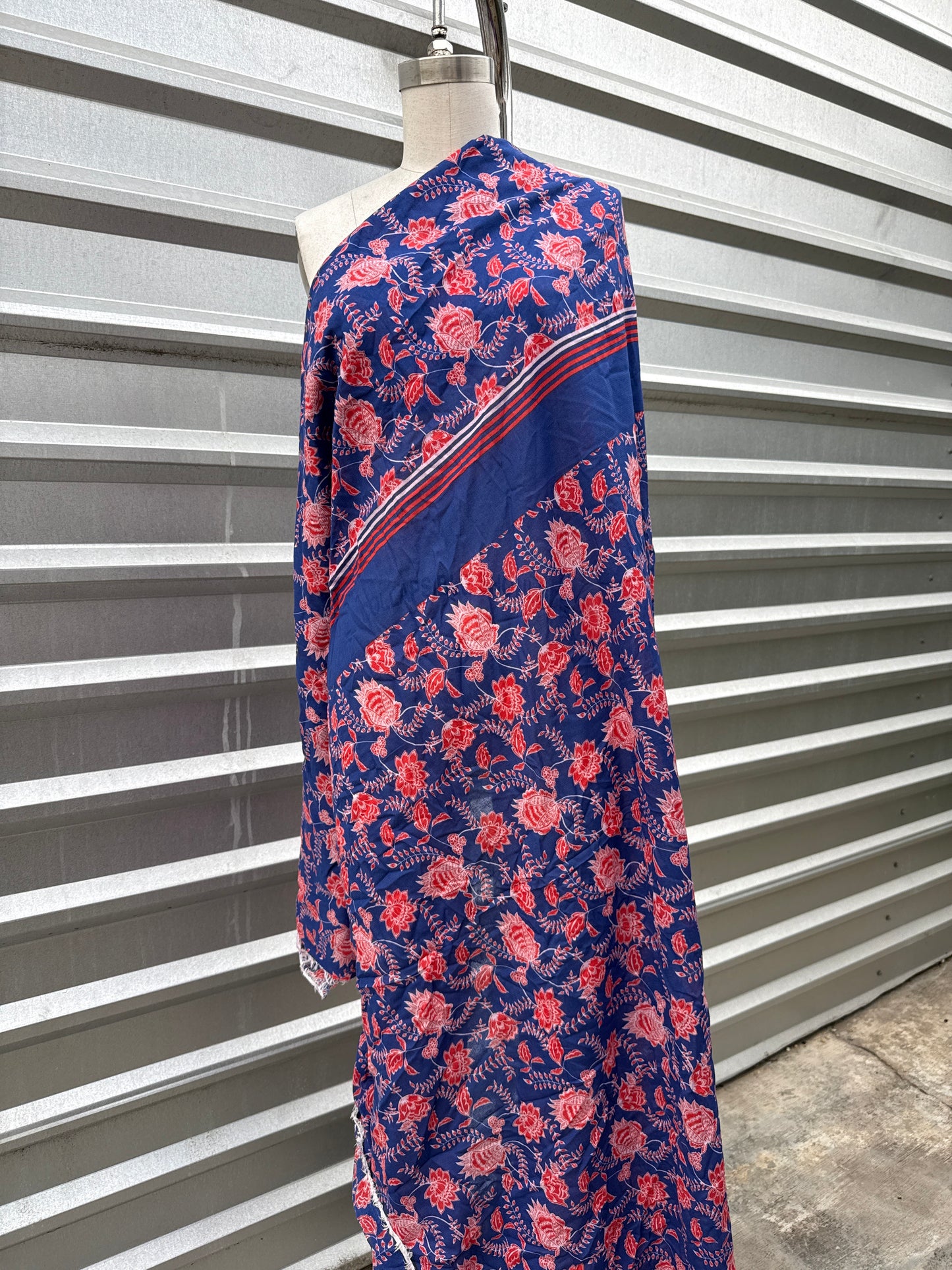 Blue Red Floral Paisley Flower Print Cotton Gauze Woven "Dance in Bali"