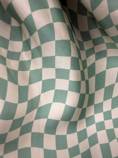 Sage Green Cream Abstract Checker Rayon Satin Woven “Sage Check”