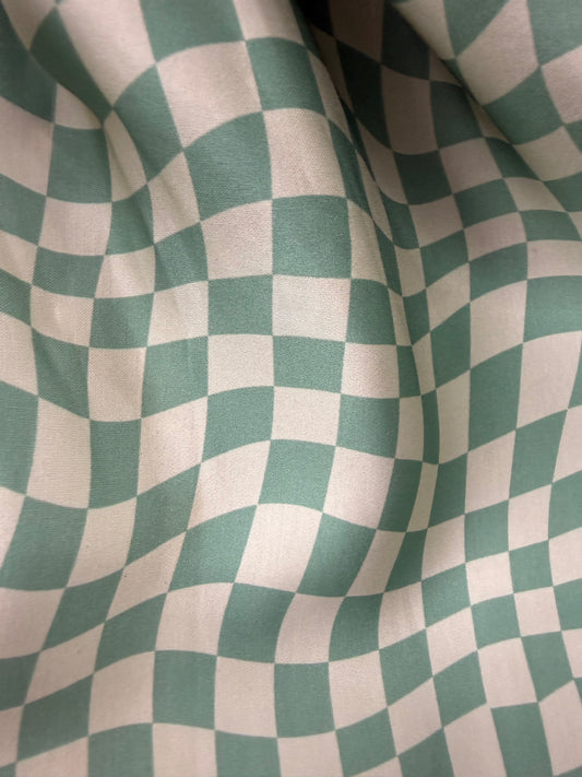 Sage Green Cream Abstract Checker Rayon Satin Woven “Sage Check”