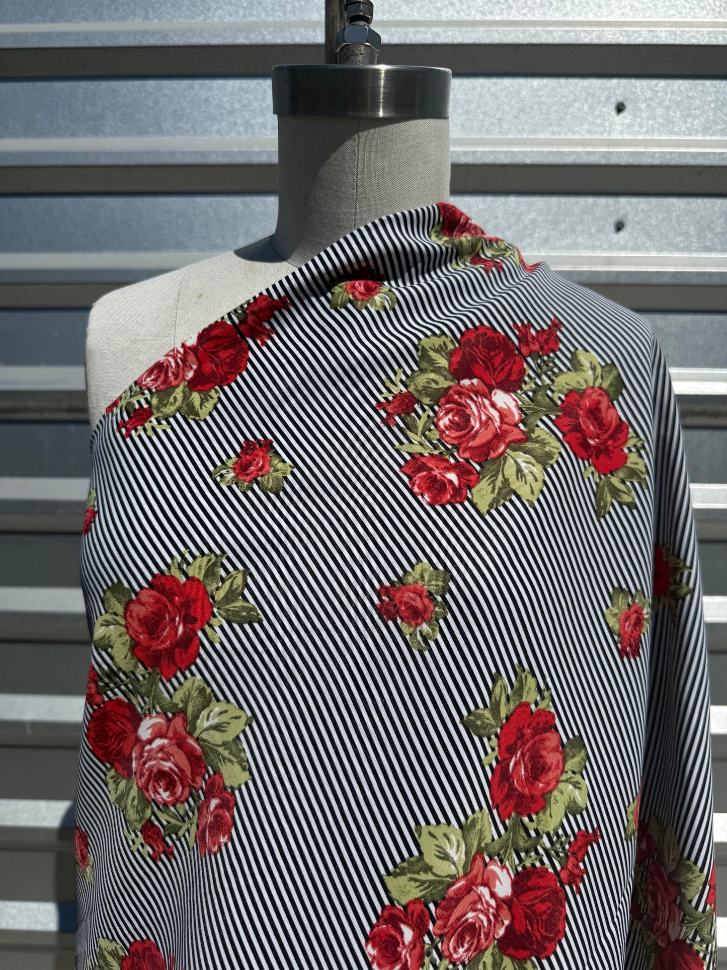 Black White Red Green Rose Floral Thin Stripe Polyester Woven "Darling Rosie"