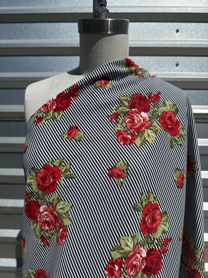 Black White Red Green Rose Floral Thin Stripe Polyester Woven "Darling Rosie"