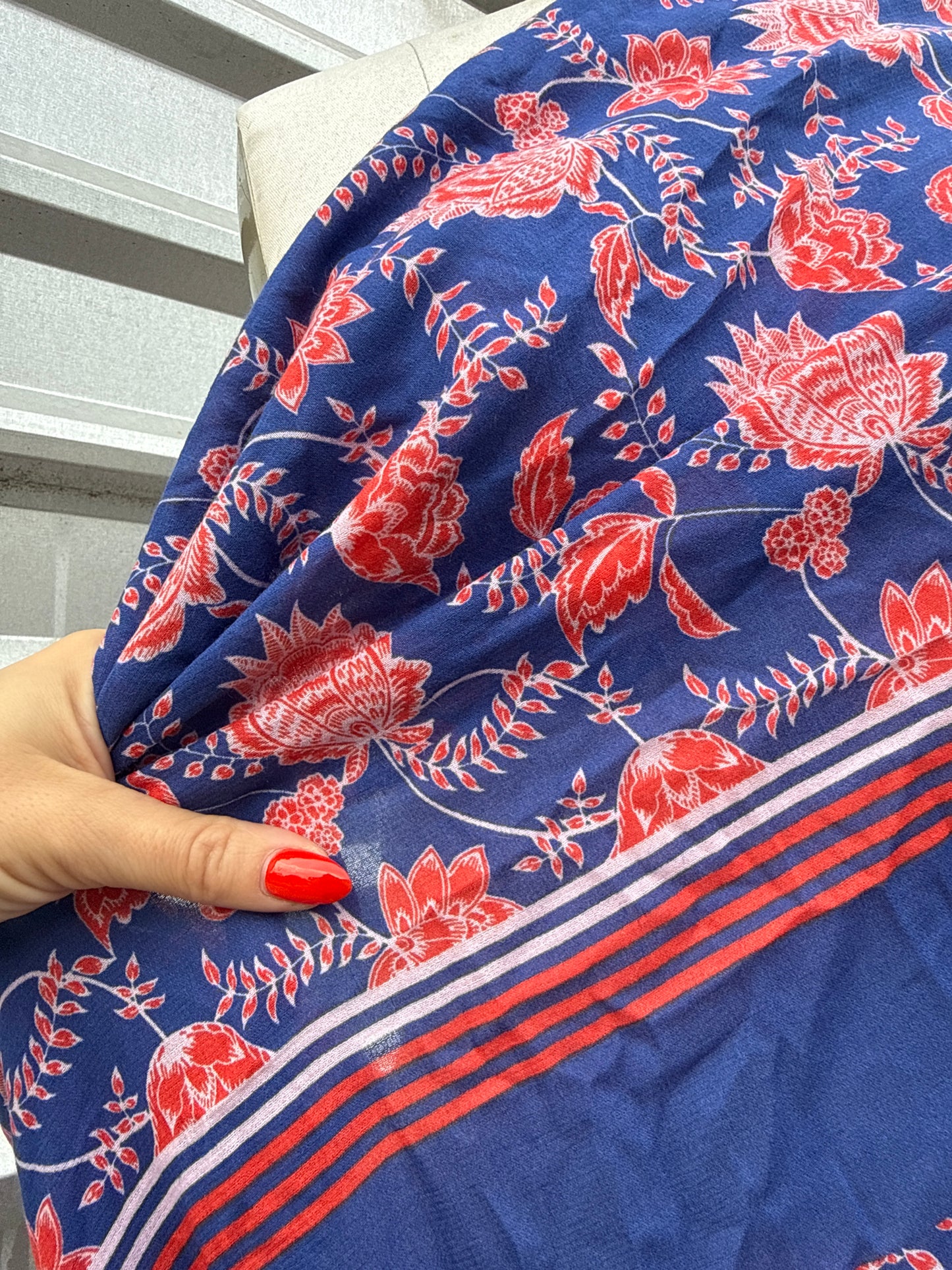 Blue Red Floral Paisley Flower Print Cotton Gauze Woven "Dance in Bali"