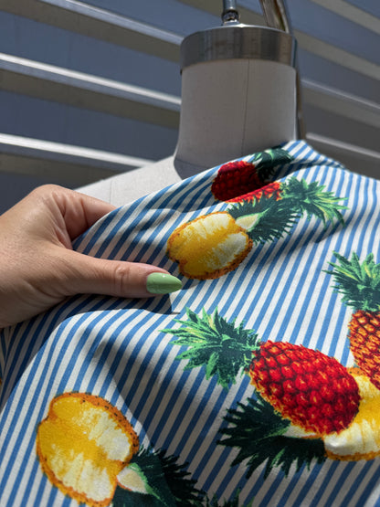 Blue White Yellow Red Pineapple Stripe Cotton Poplin “Pretty Pina”
