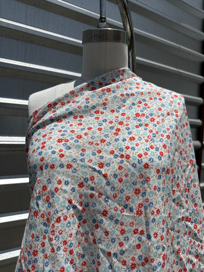 White Blue Red Ditsy Floral Print Rayon Crepe Woven "Cutie Blooms"