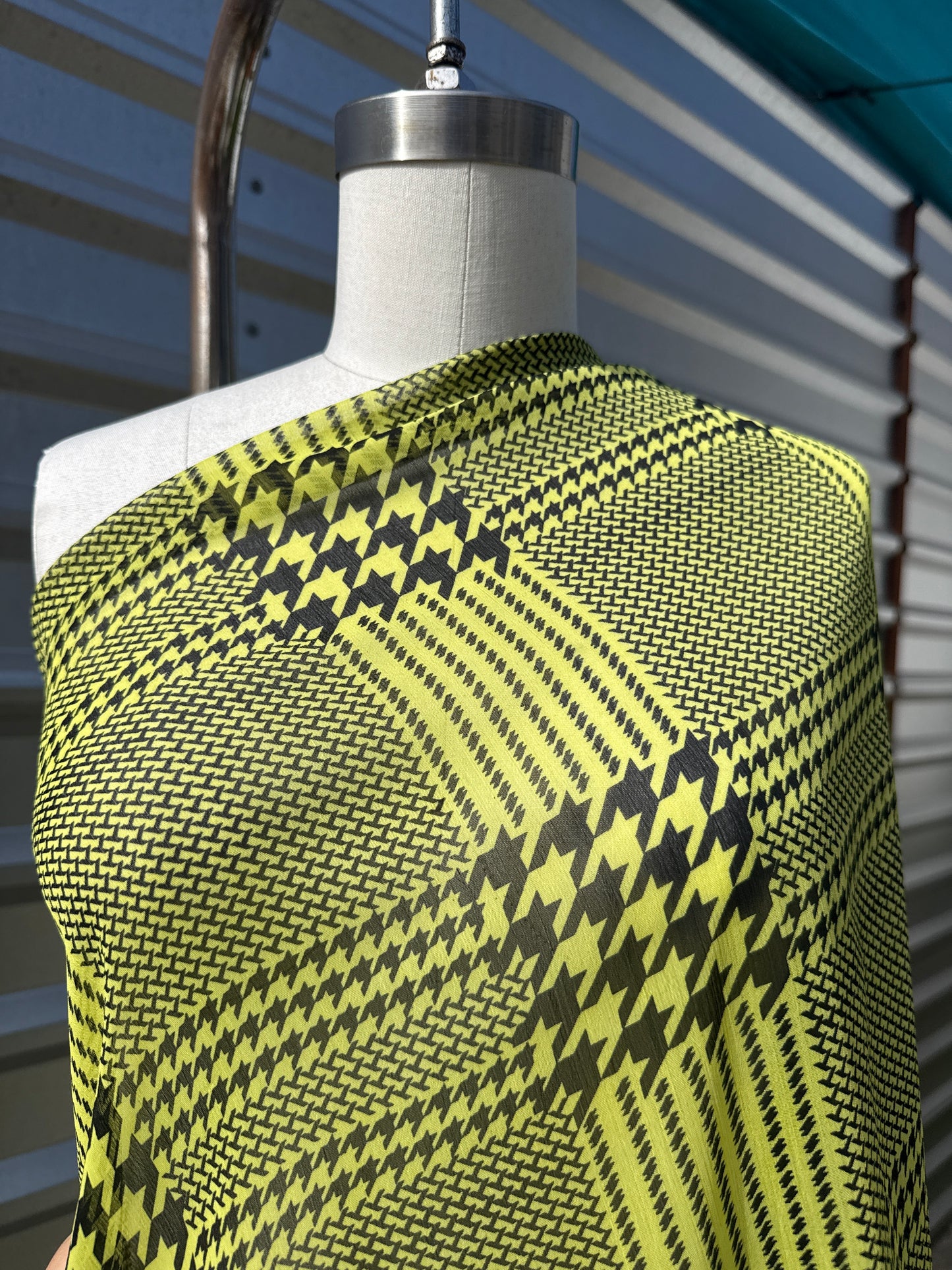 Black Neon Yellow Mixed Sized Houndstooth Print Sheer Polyester Chiffon "Neon Stars"