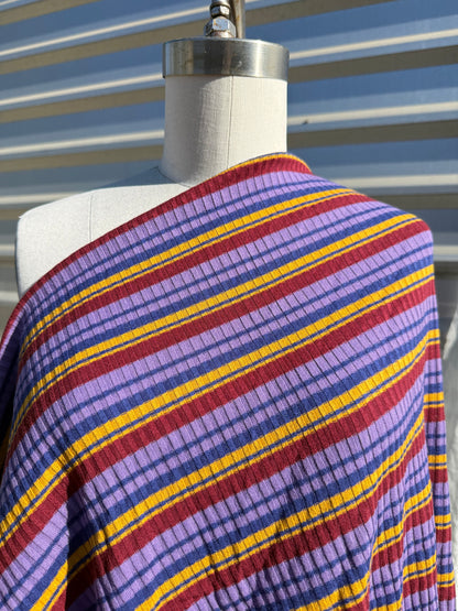 Blue Purple Gold Brown Retro Stripe 3x1 Soft Rayon Spandex Rib Knit "First Day”