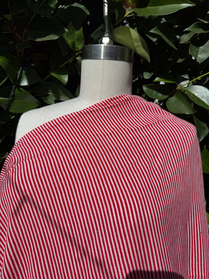 Red White Vertical Stripe Rayon Crepe Woven "Peppermint Stripe"