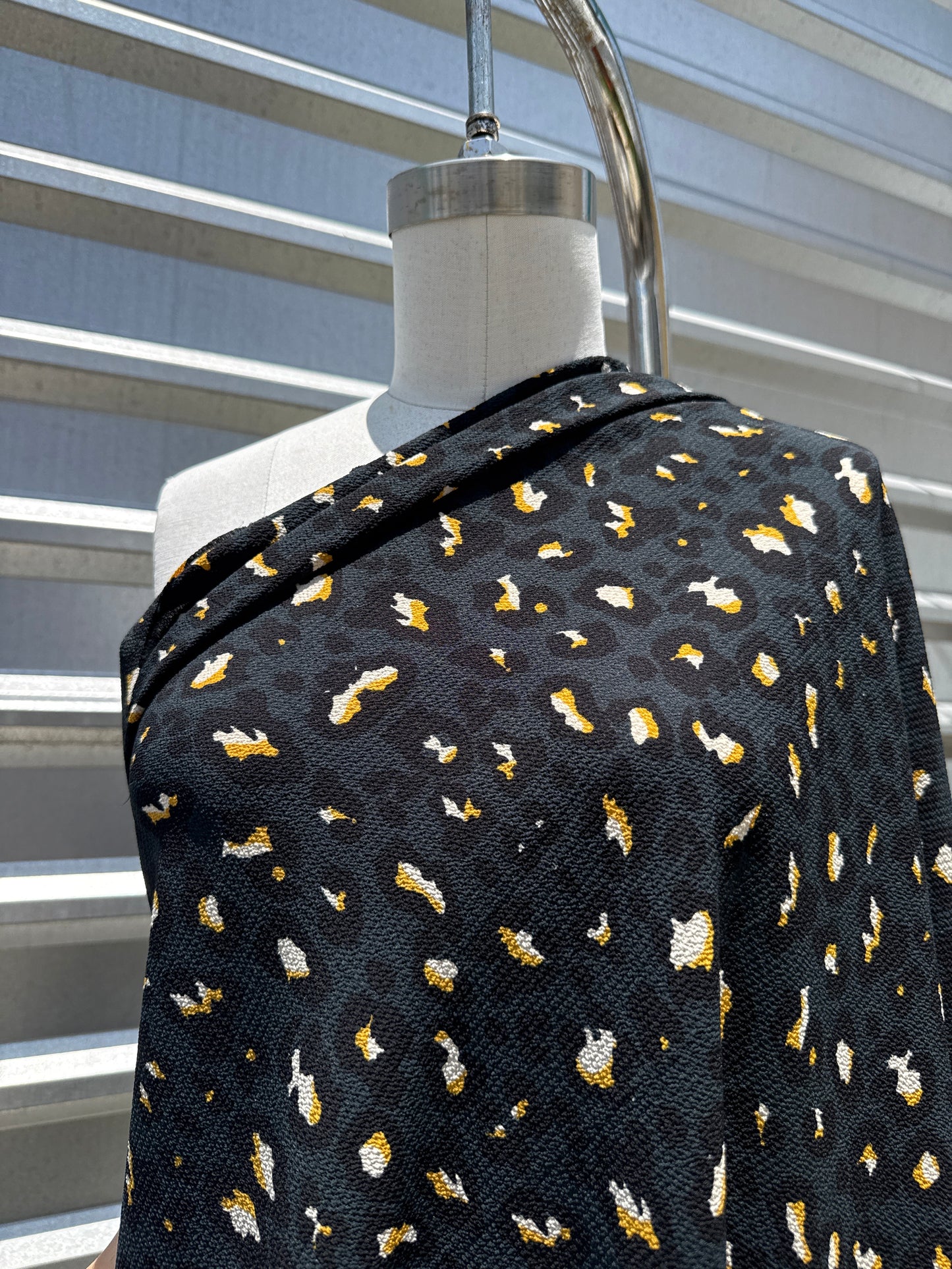 Blue Teal Black White Yellow Leopard Print Polyester Crepe "Night Prowl"