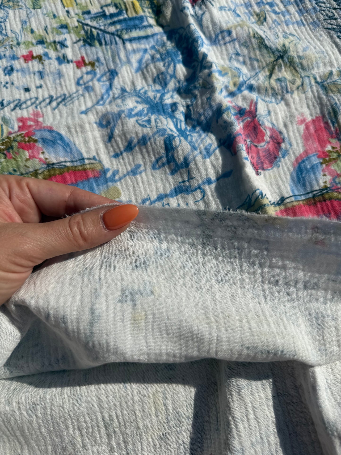 White Blue Pink Bicycle Print Double Cotton Gauze Woven "Daisy Bell"