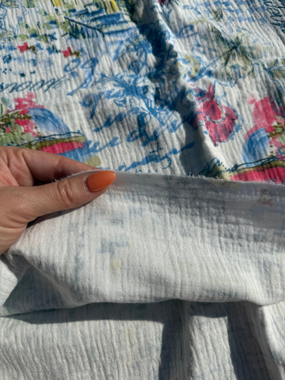 White Blue Pink Bicycle Print Double Cotton Gauze Woven "Daisy Bell"