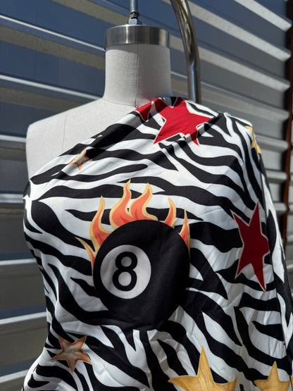 White Black Yellow Zebra Flaming 8 Ball Polyester Charmeuse “Dan Flashes Billiard”