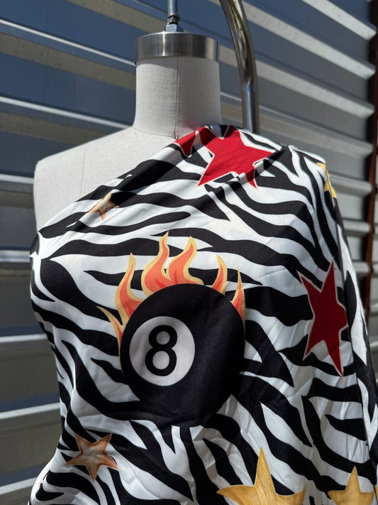 White Black Yellow Zebra Fire 8 Ball Polyester Charmeuse “Dan Flashes”
