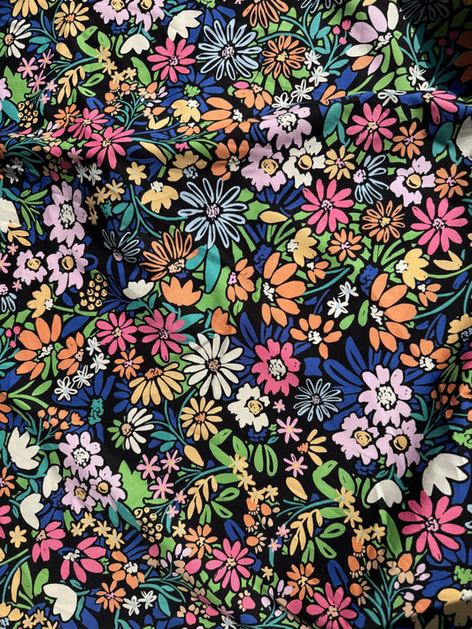 Black Bright Multi Color Floral Cotton Spandex Poplin "Black Light Garden"
