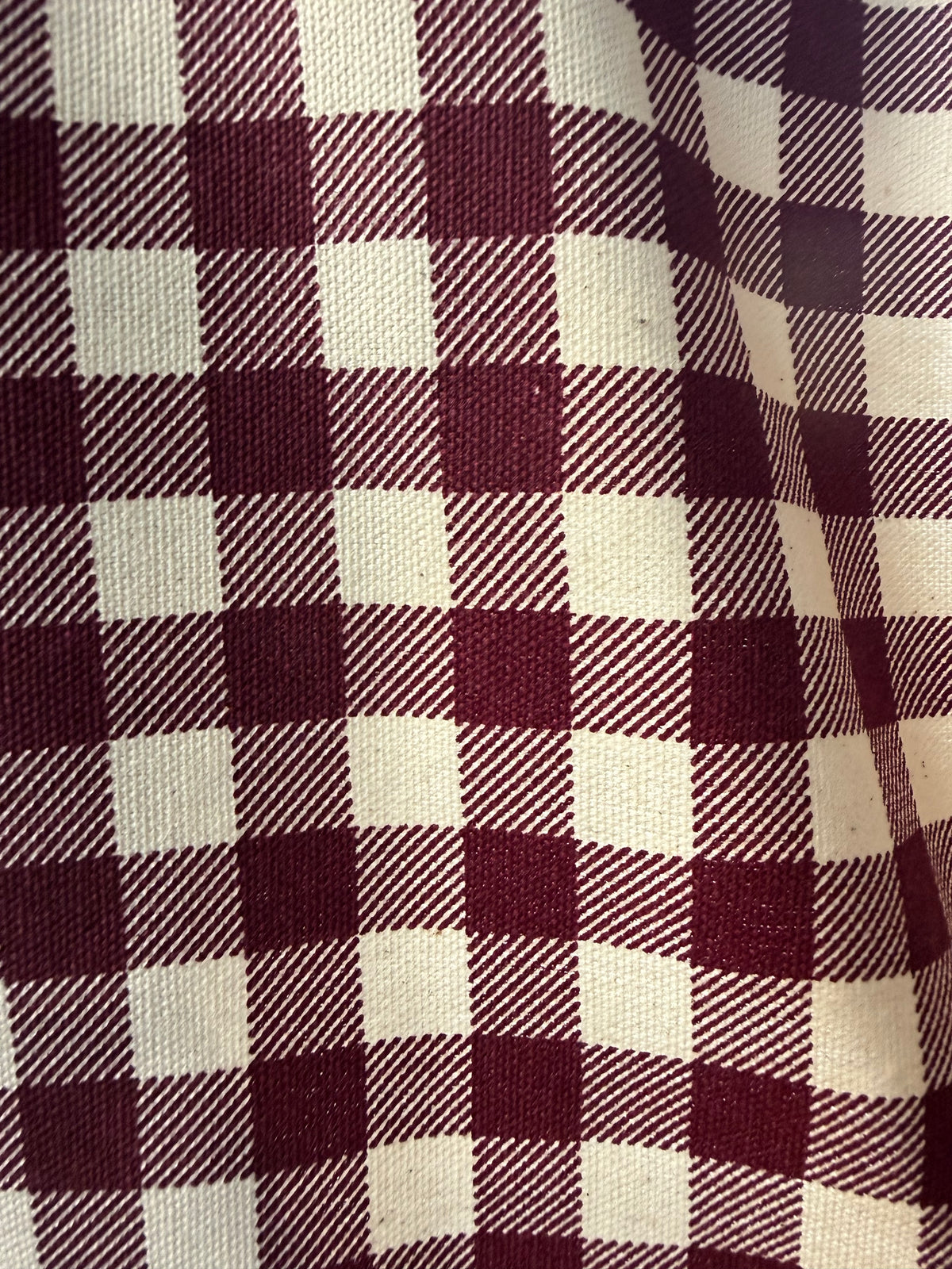 Cream Burgundy Gingham Plaid Cotton Canvas "Ginger House”