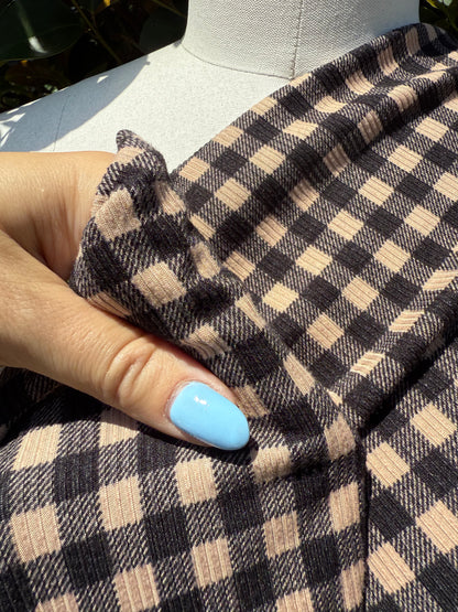 Black Beige Gingham Plaid 2x1 Rib Polyester Spandex Rib "Colorado Cozies"