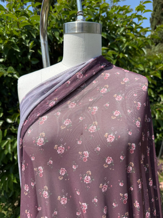Burgandy Yellow Pink Green Floral Mesh Polyester Spandex Knit "Vintage Rose Veil"