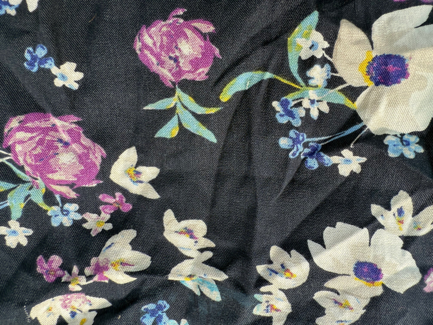Blue White Purple Green Floral Rayon Challis Woven "Arlene's Garden"