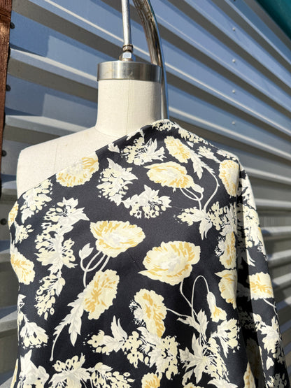 Navy Light Yellow Floral Cotton Spandex Sateen Woven "Garden Era"