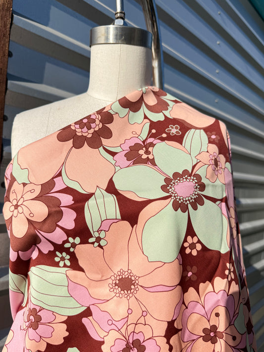 Pink Mint Green Brown Retro Floral Cotton Spandex Sateen "Chic Blooms"