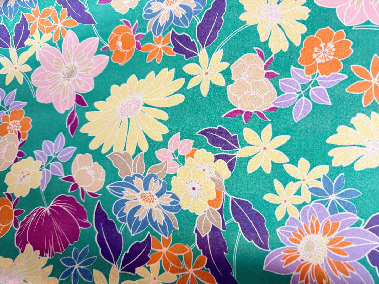 Green Blue White Peach Retro Resort Floral Print Polyester Woven "Maui Bay"
