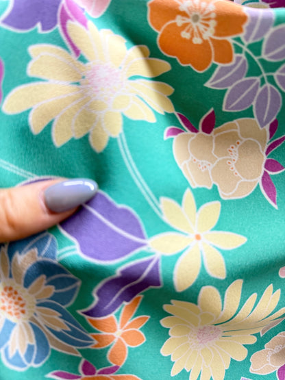 Green Blue White Peach Retro Resort Floral Print Polyester Woven "Maui Bay"