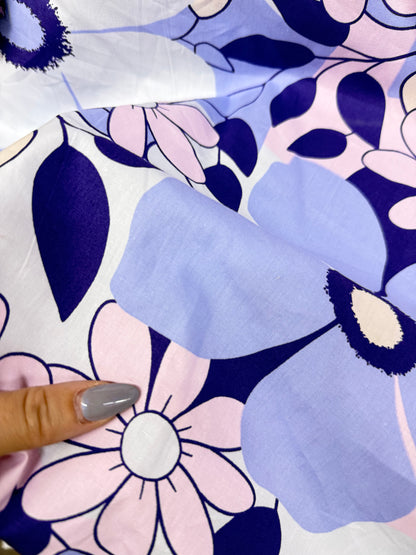 White Blue Pink Large Retro Daisy Print Cotton Poplin Woven "Lola Daisy"