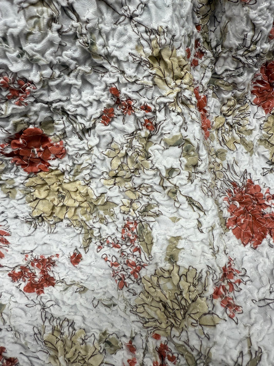 Floral Smocked Textured Yellow Beige Red Black Rust Vintage Cotton Jersey Knit "Crinkle & Bloom"